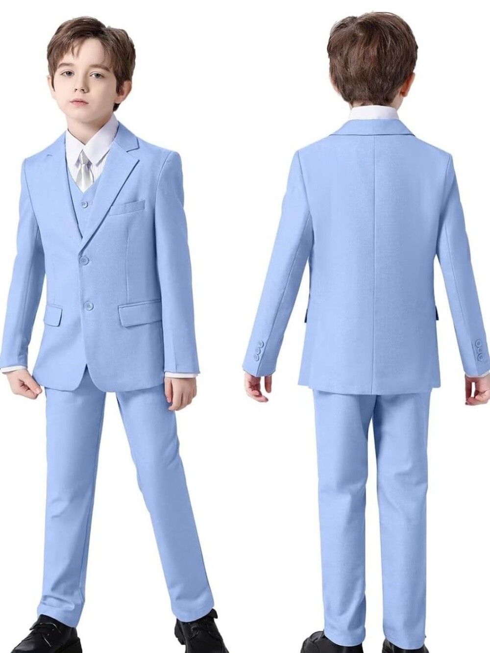 Boys' Light Blue Three-Piece Formal Suit with Vest And Tie